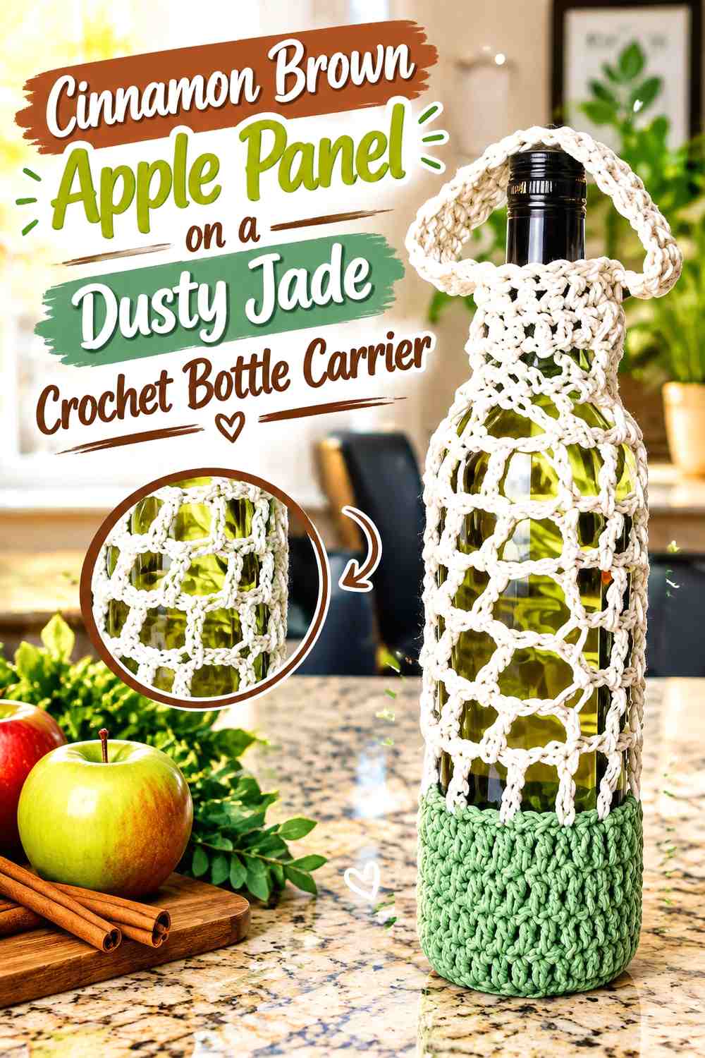 Cinnamon Brown Apple Panel on a Dusty Jade Crochet Bottle Carrier