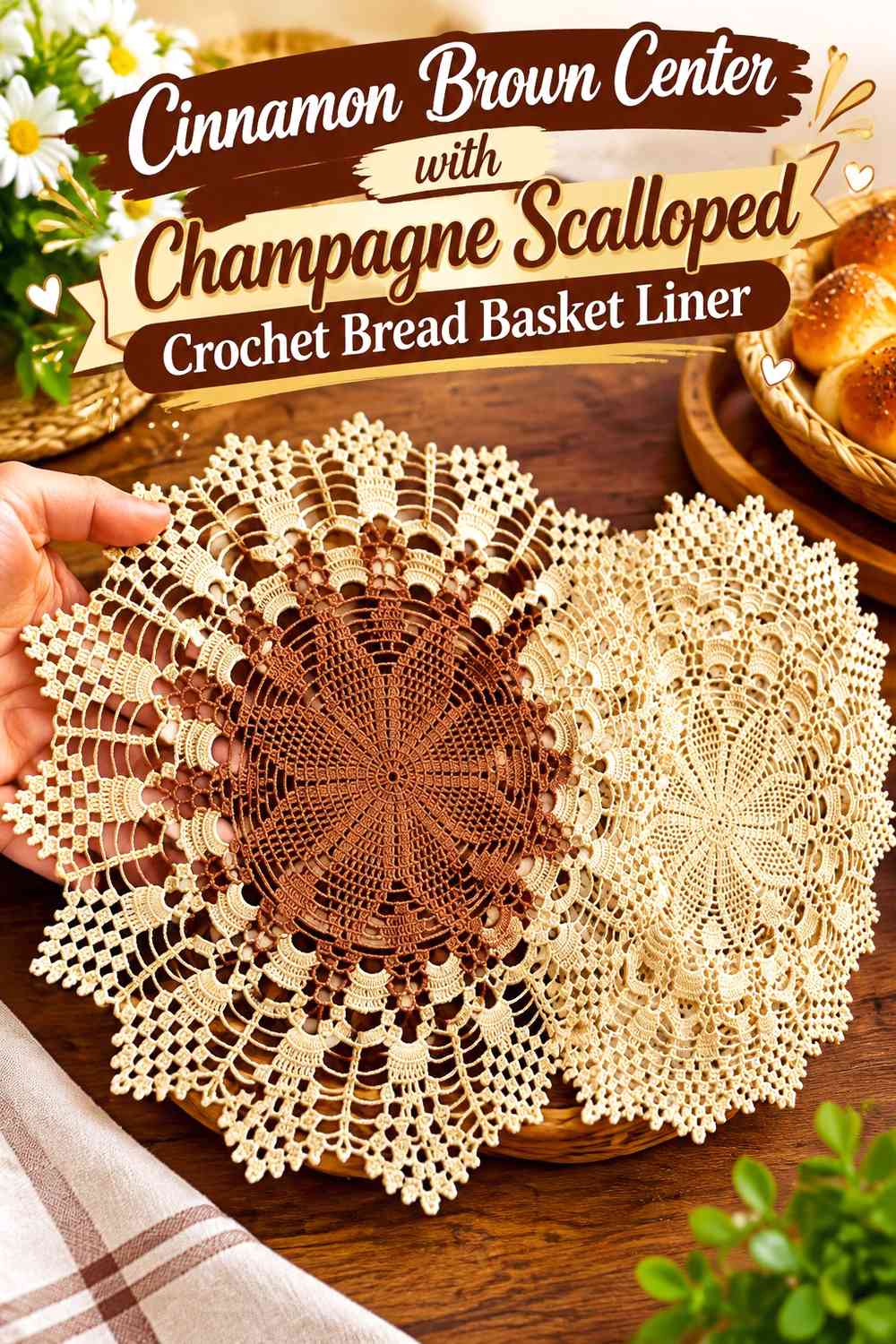 Cinnamon Brown Center with Champagne Scalloped Crochet Bread Basket Liner