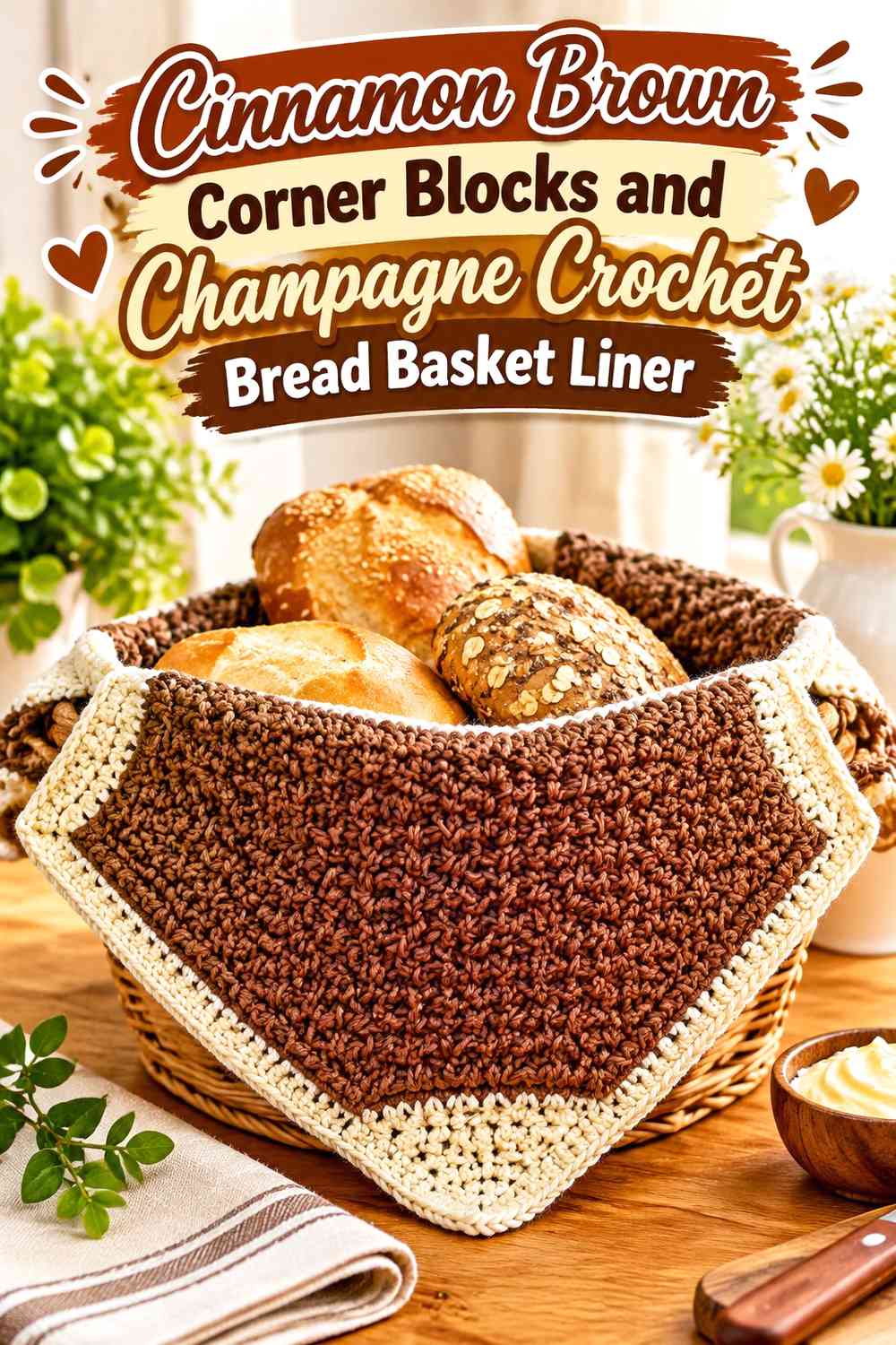 Cinnamon Brown Corner Blocks and Champagne Crochet Bread Basket Liner
