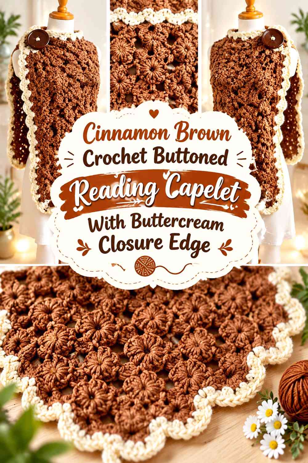 Cinnamon Brown Crochet Buttoned Reading Capelet With Buttercream Closure Edge