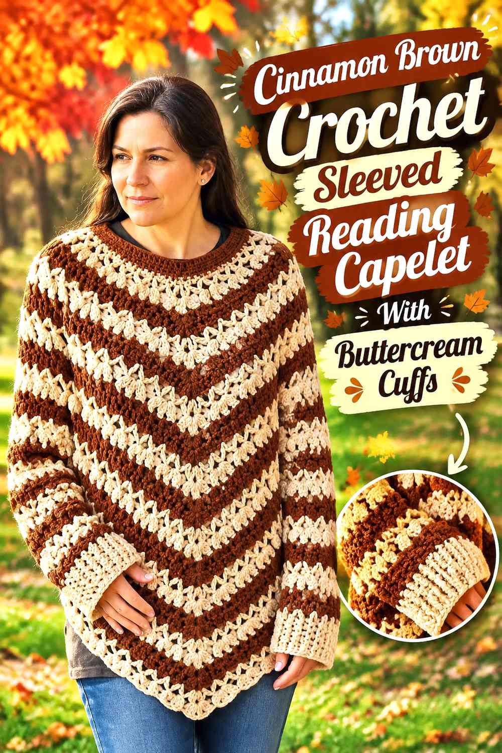 Cinnamon Brown Crochet Sleeved Reading Capelet With Buttercream Cuffs