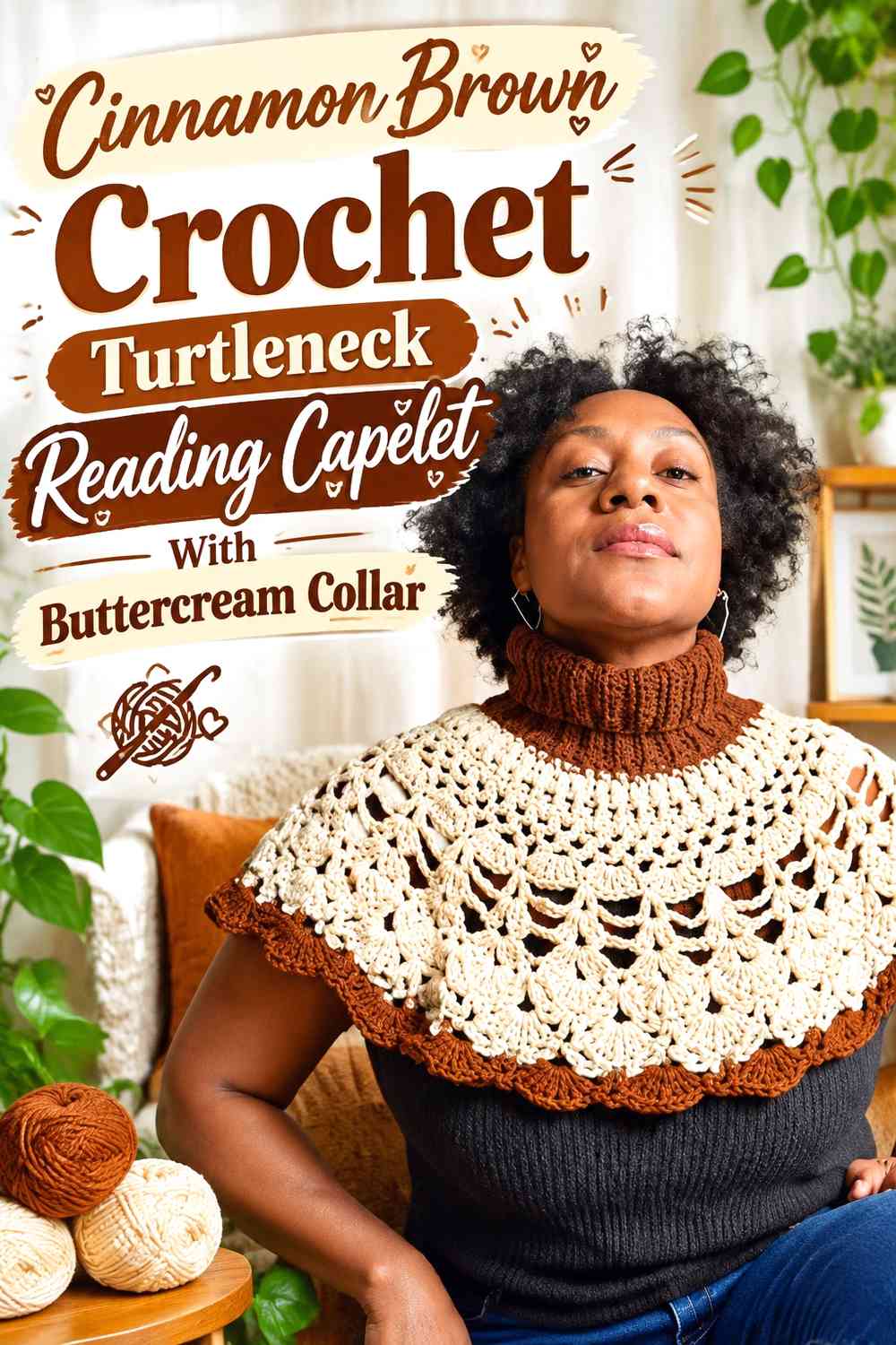 Cinnamon Brown Crochet Turtleneck Reading Capelet With Buttercream Collar