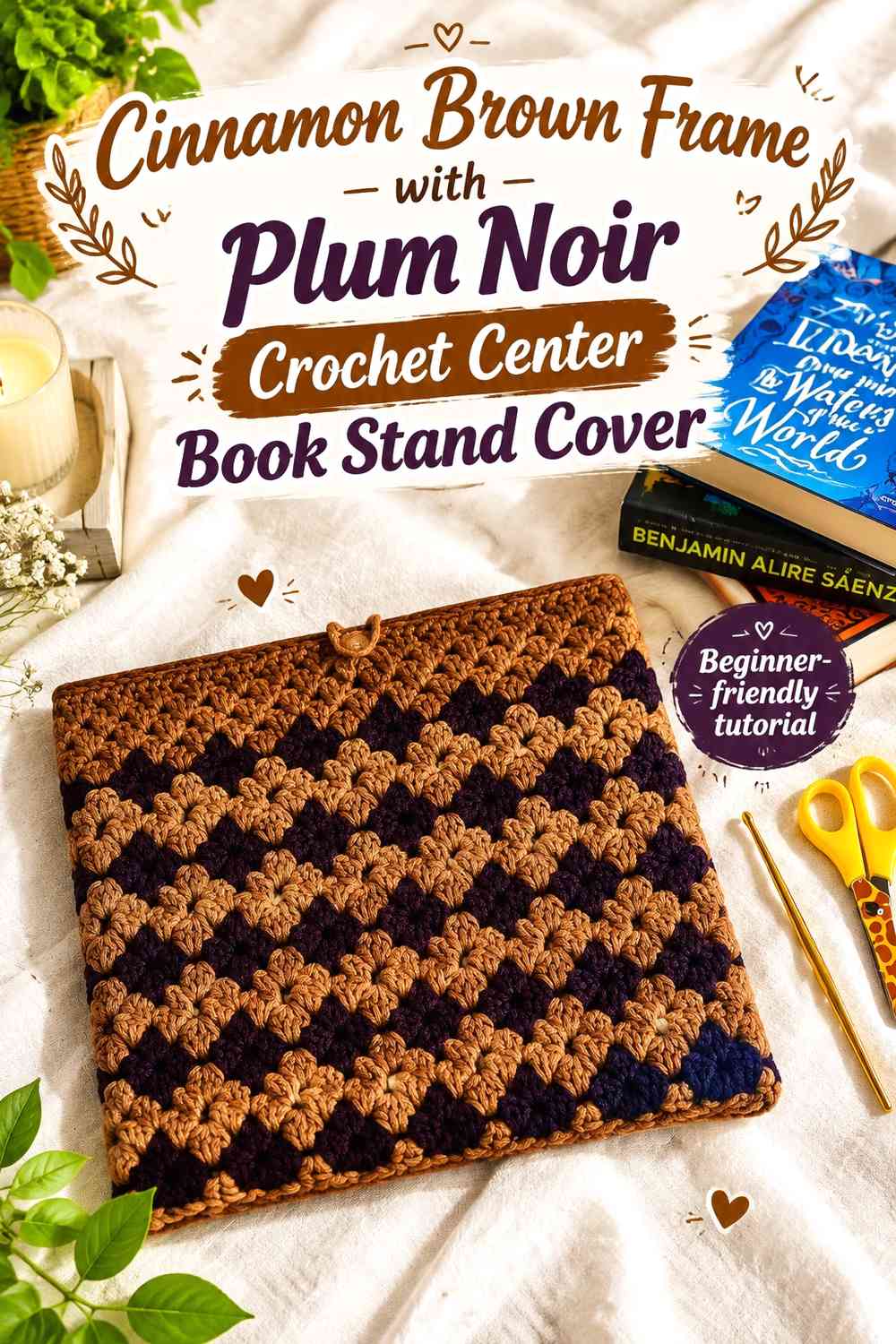 Cinnamon Brown Frame with Plum Noir Crochet Center Book Stand Cover
