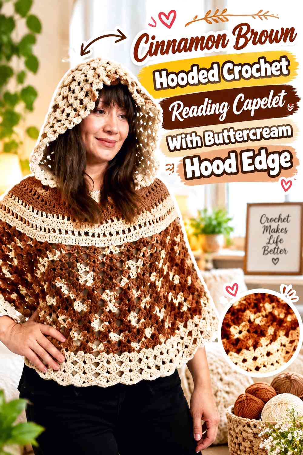 Cinnamon Brown Hooded Crochet Reading Capelet With Buttercream Hood Edge