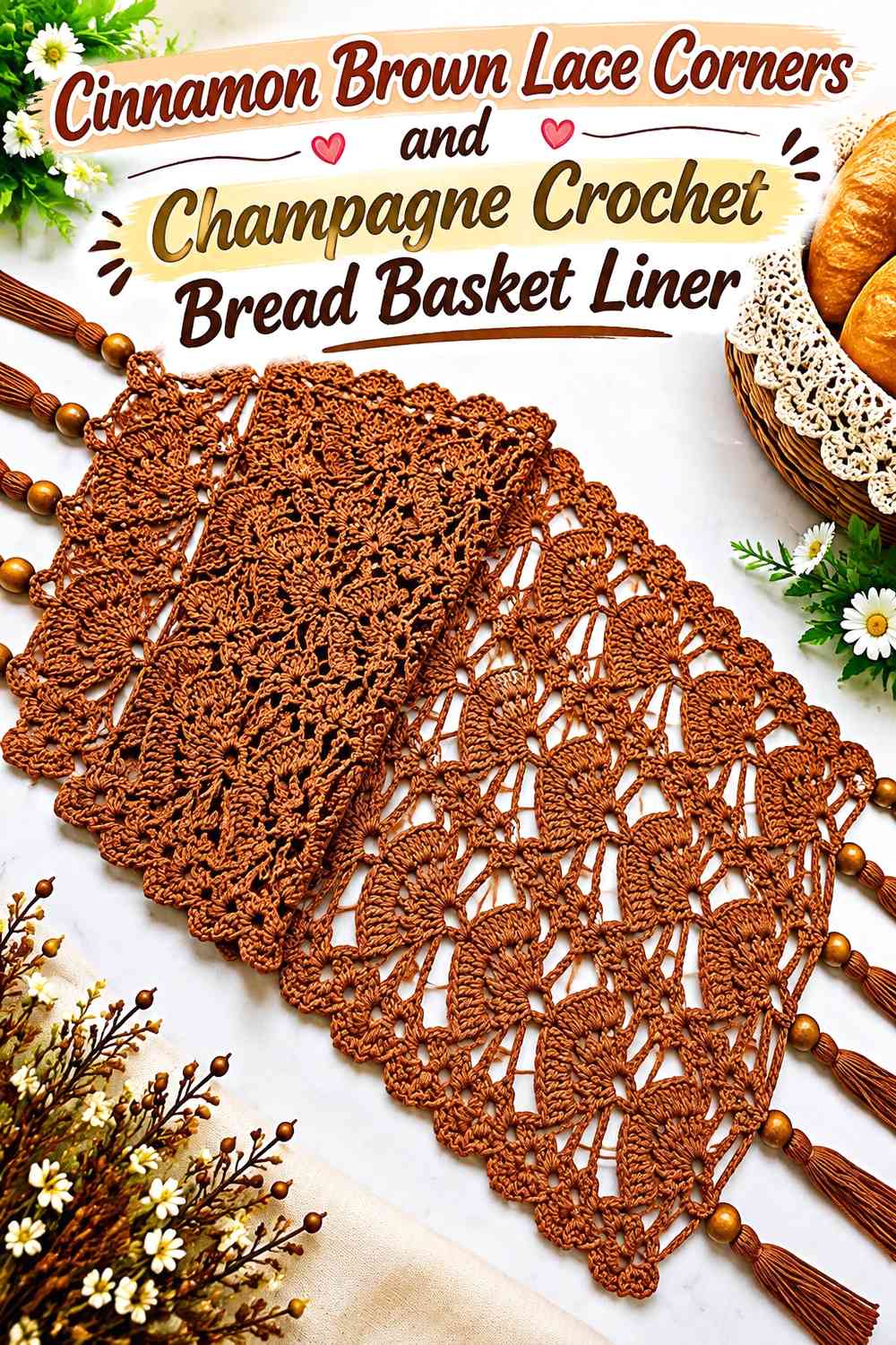 Cinnamon Brown Lace Corners and Champagne Crochet Bread Basket Liner