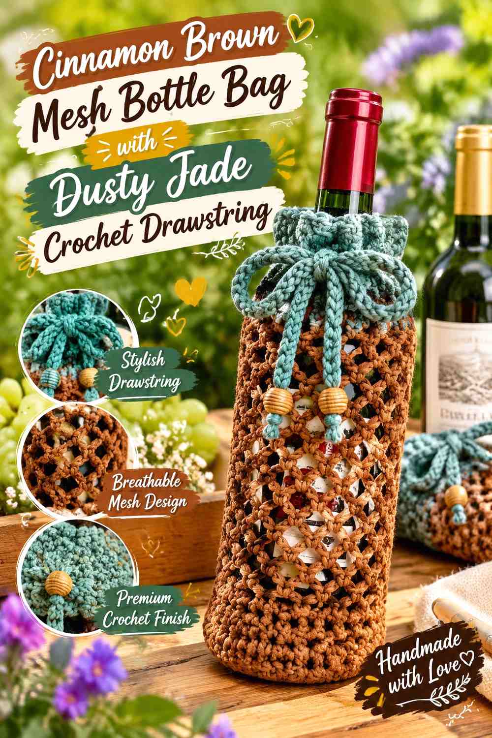Cinnamon Brown Mesh Bottle Bag with Dusty Jade Crochet Drawstring