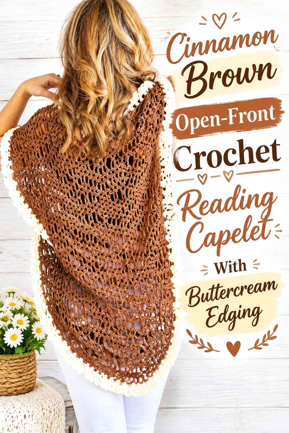 Cinnamon Brown Open-Front Crochet Reading Capelet With Buttercream Edging