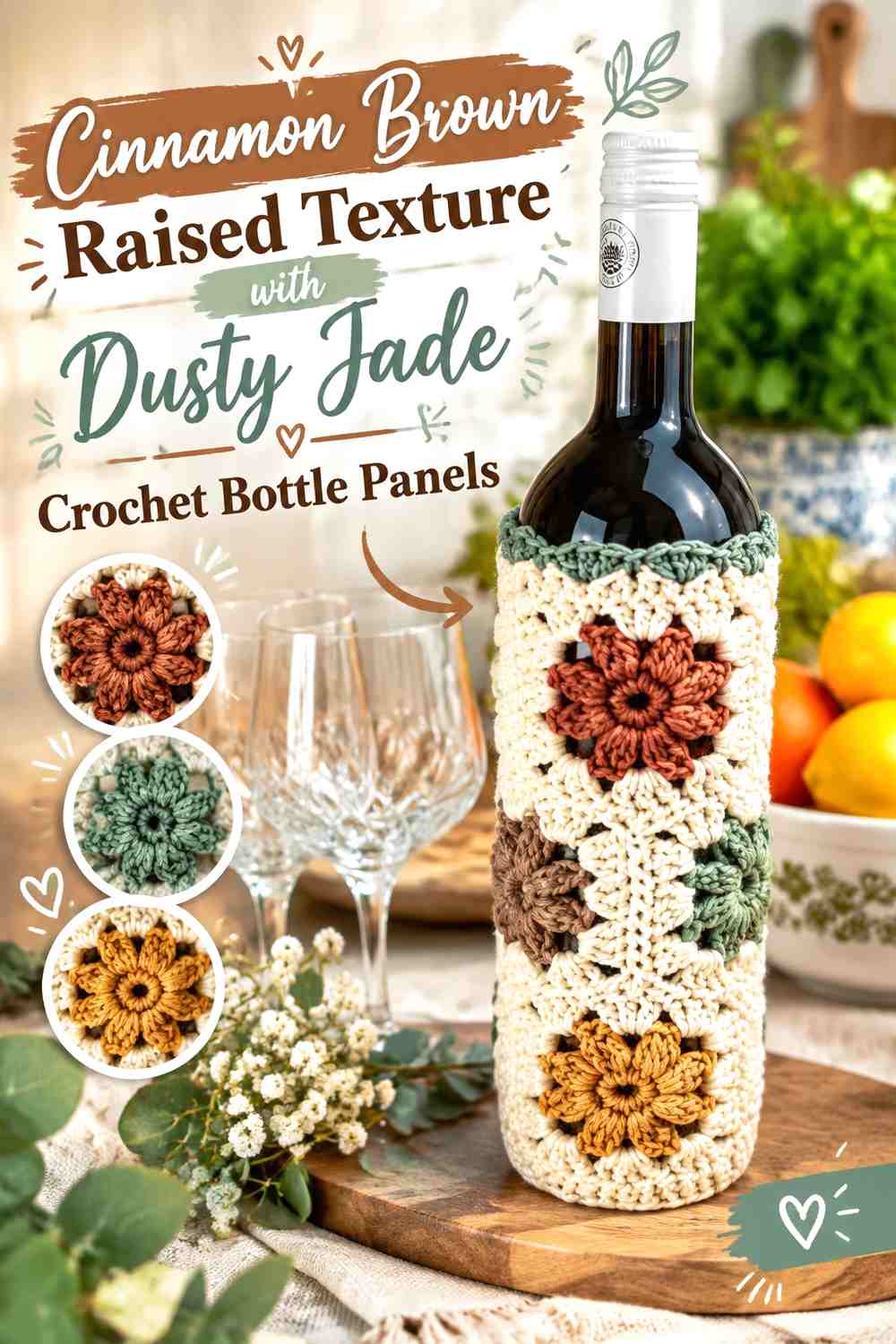 Cinnamon Brown Raised Texture with Dusty Jade Crochet Bottle Panels