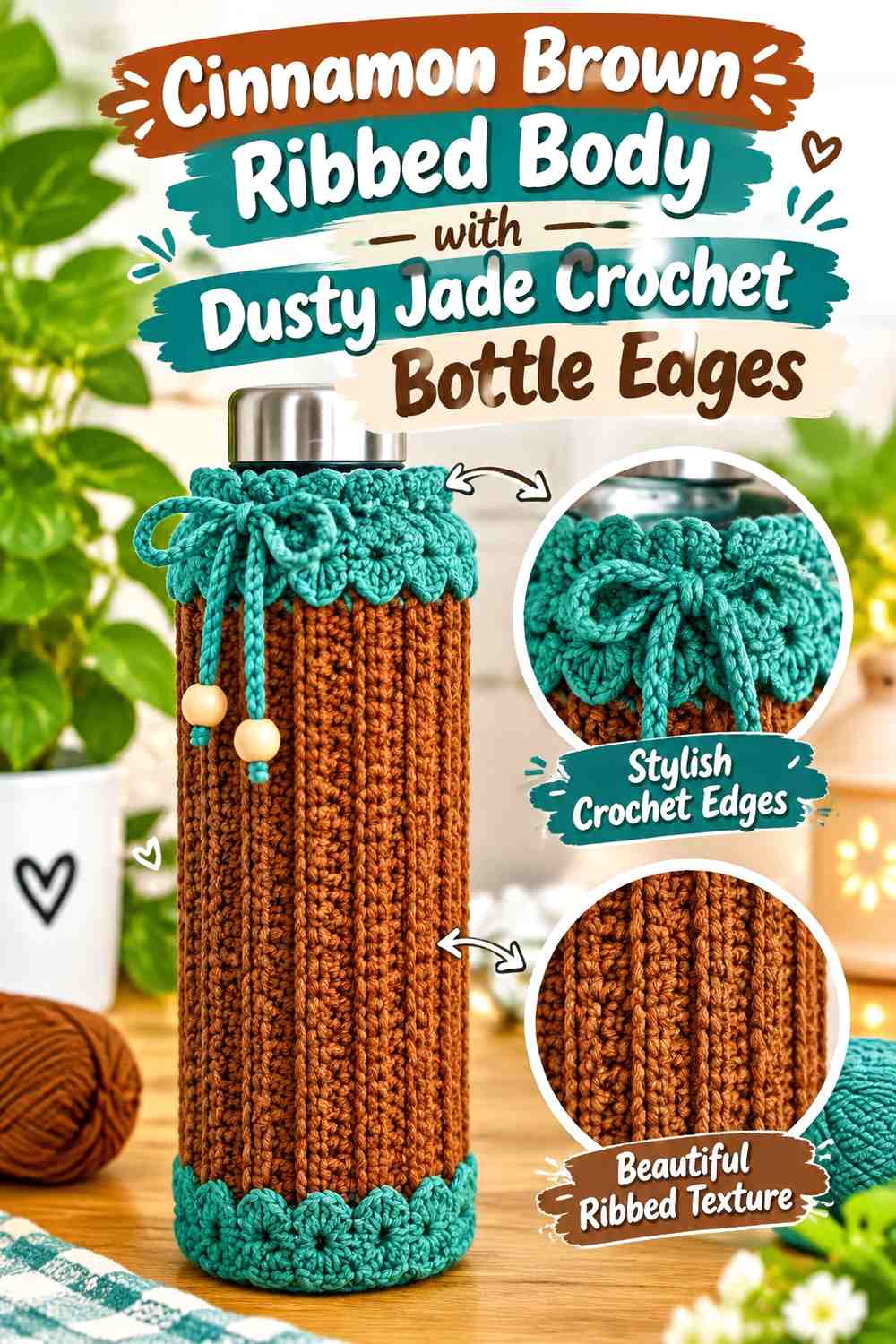Cinnamon Brown Ribbed Body with Dusty Jade Crochet Bottle Edges