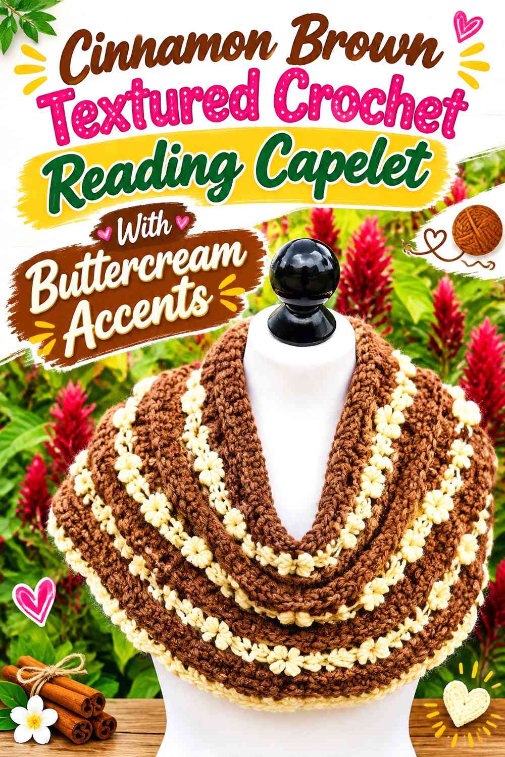 Cinnamon Brown Textured Crochet Reading Capelet With Buttercream Accents