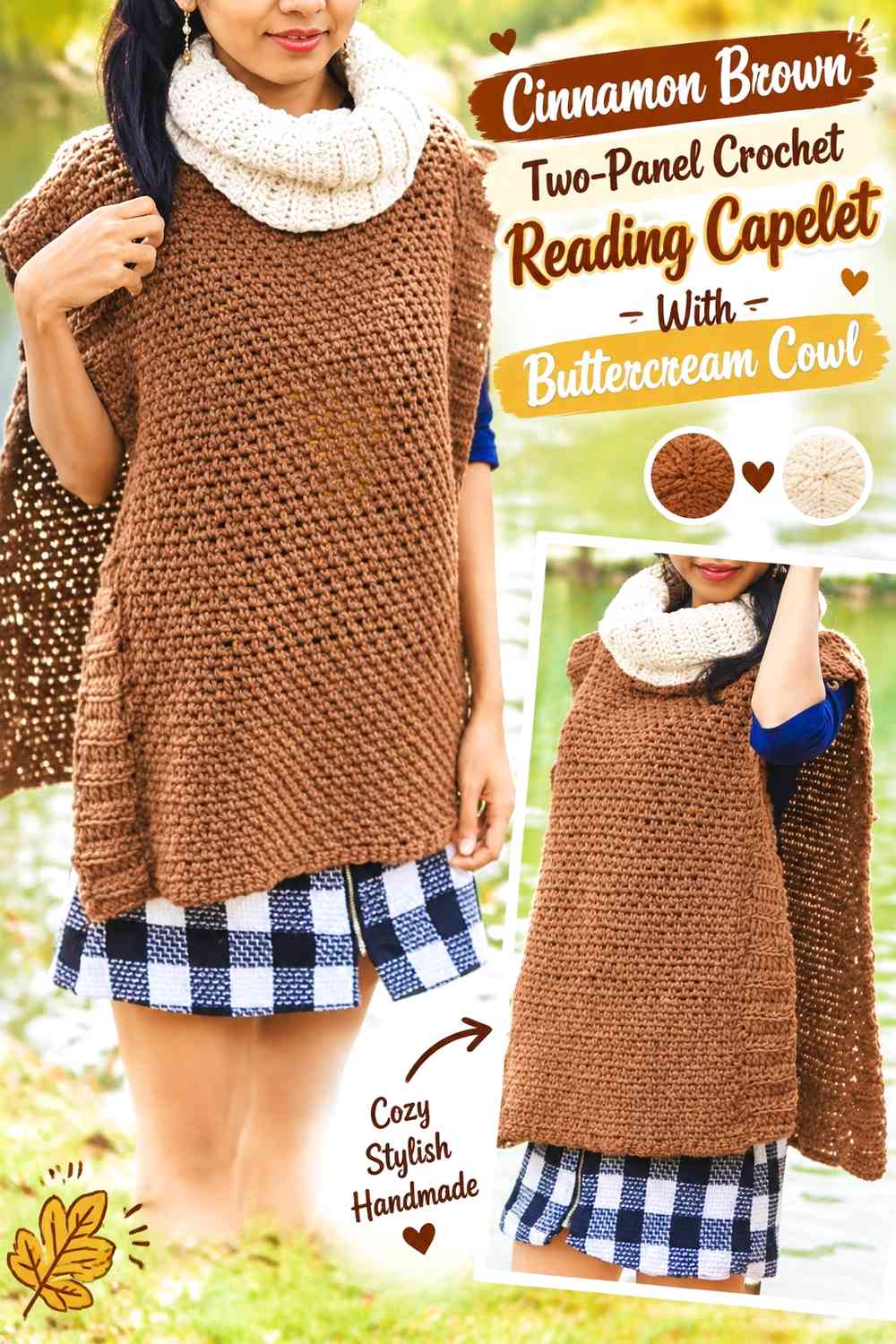 Cinnamon Brown Two-Panel Crochet Reading Capelet With Buttercream Cowl