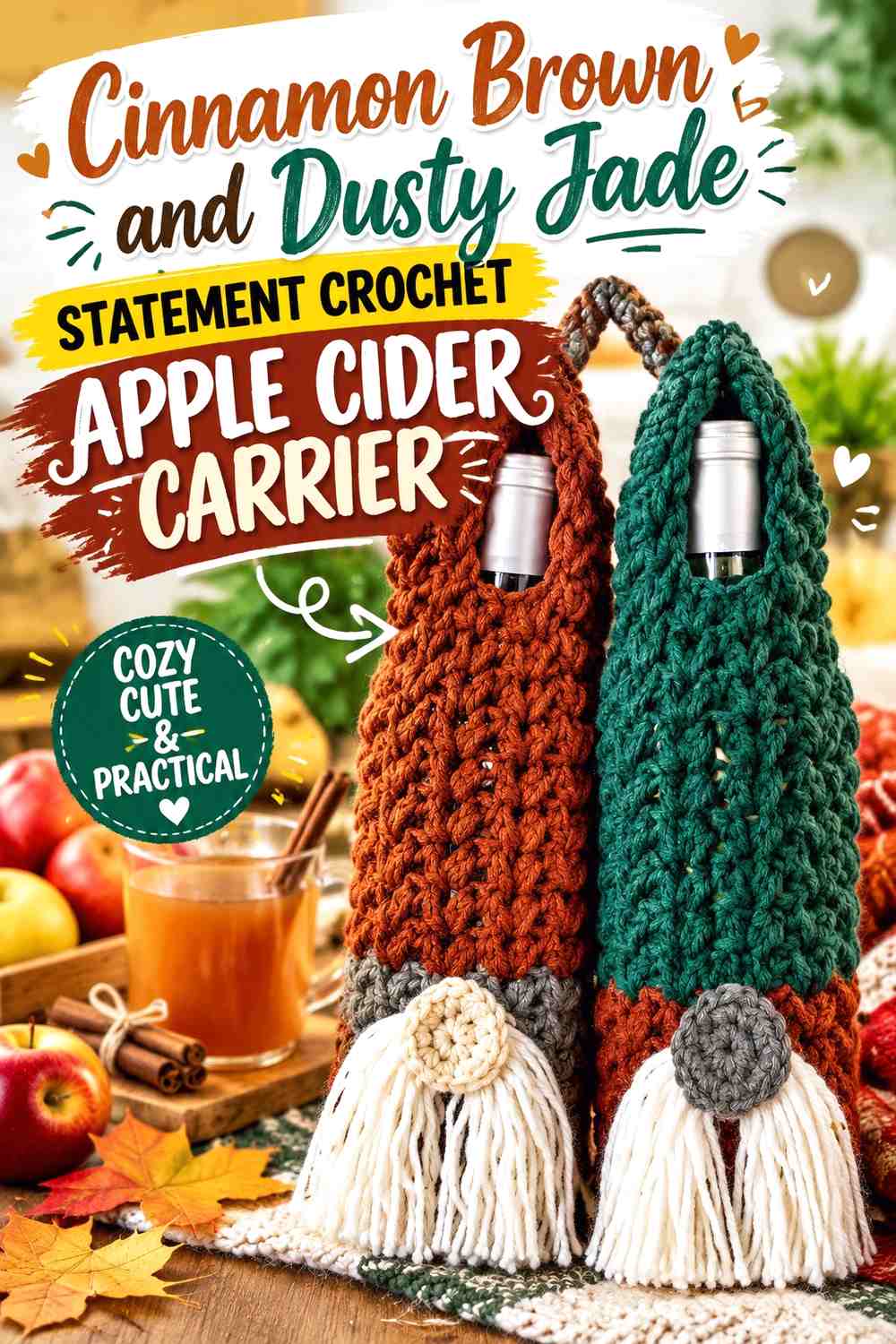 Cinnamon Brown and Dusty Jade Statement Crochet Apple Cider Carrier
