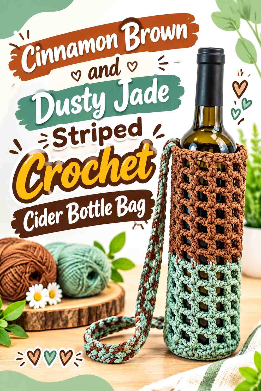 Cinnamon Brown and Dusty Jade Striped Crochet Cider Bottle Bag