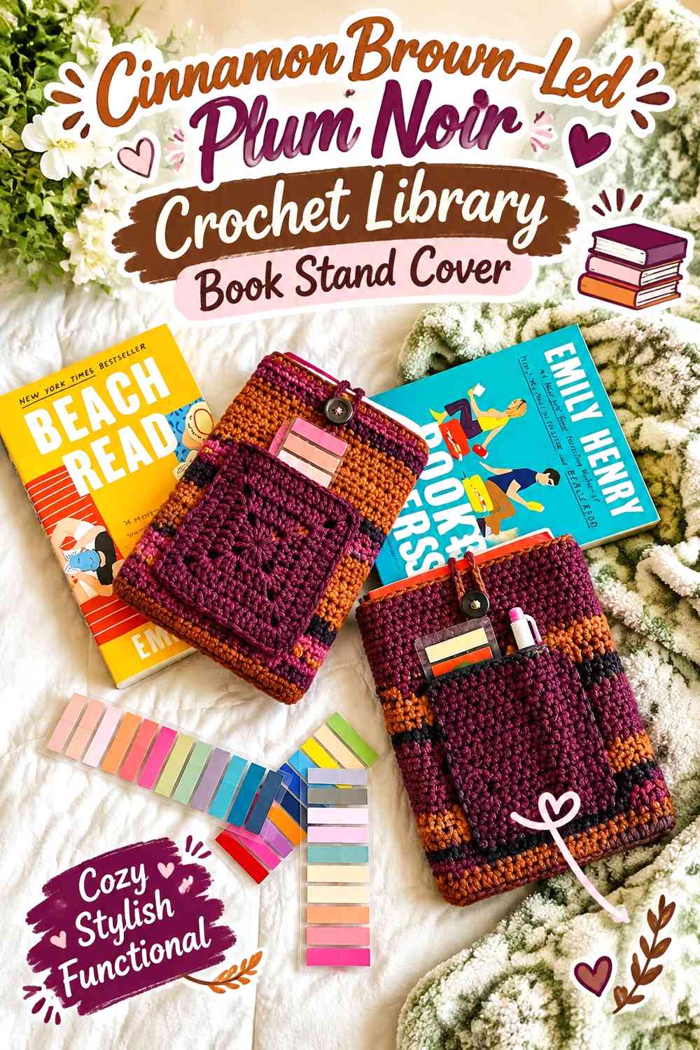 Cinnamon Brown–Led Plum Noir Crochet Library Book Stand Cover