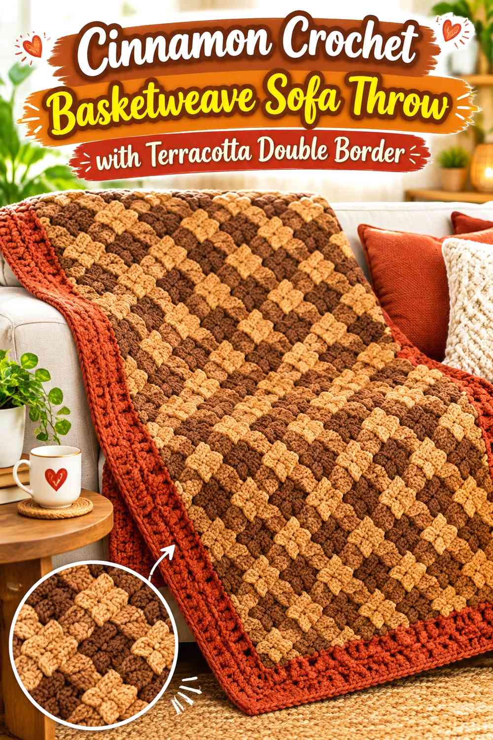 Cinnamon Crochet Basketweave Sofa Throw with Terracotta Double Border