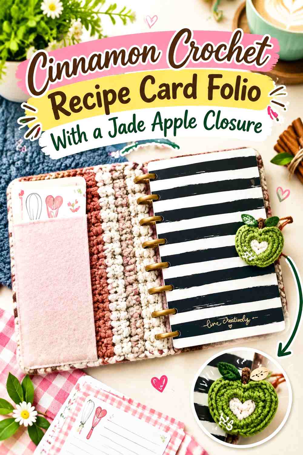 Cinnamon Crochet Recipe Card Folio With a Jade Apple Closure