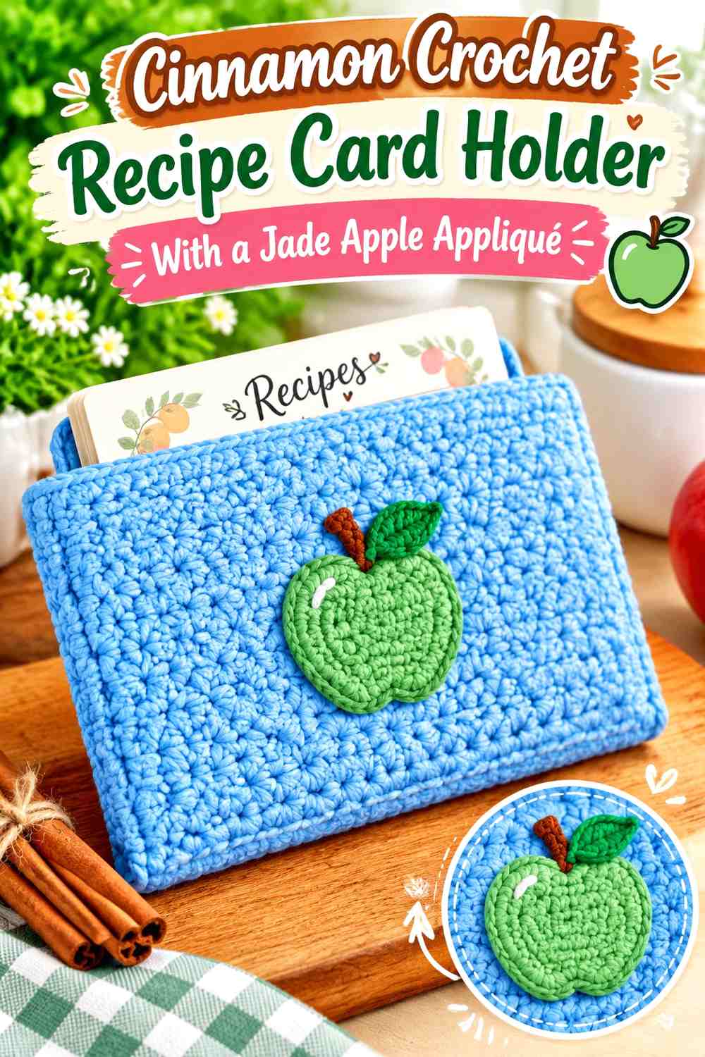 Cinnamon Crochet Recipe Card Holder With a Jade Apple Appliqué