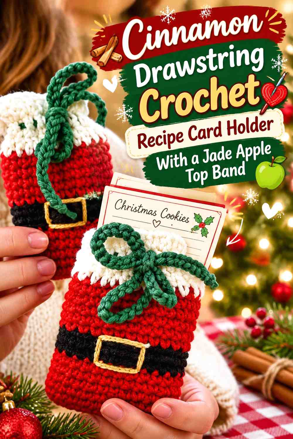Cinnamon Drawstring Crochet Recipe Card Holder With a Jade Apple Top Band