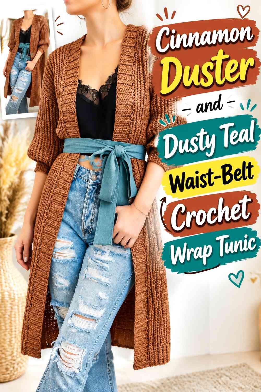 Cinnamon Duster and Dusty Teal Waist-Belt Crochet Wrap Tunic