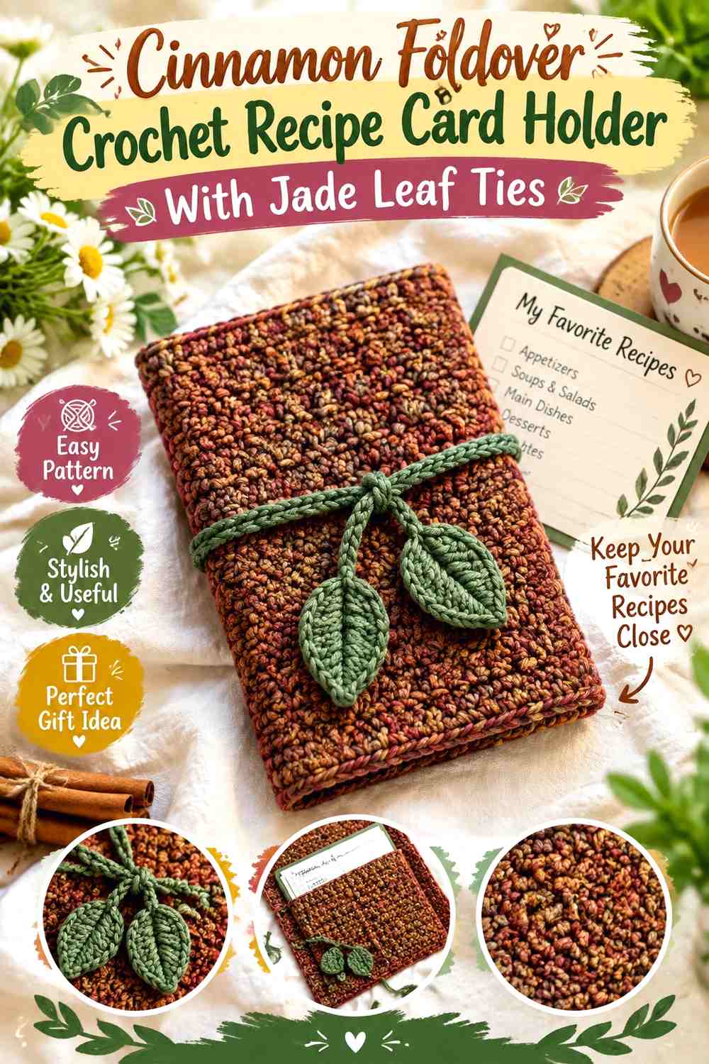Cinnamon Foldover Crochet Recipe Card Holder With Jade Leaf Ties