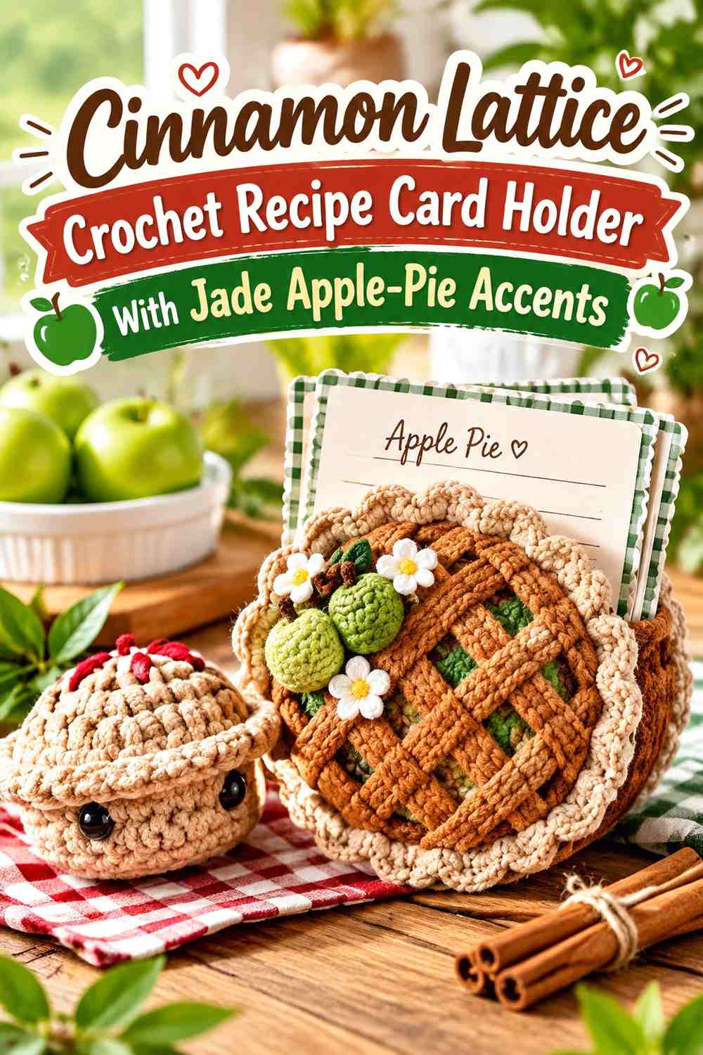 Cinnamon Lattice Crochet Recipe Card Holder With Jade Apple-Pie Accents