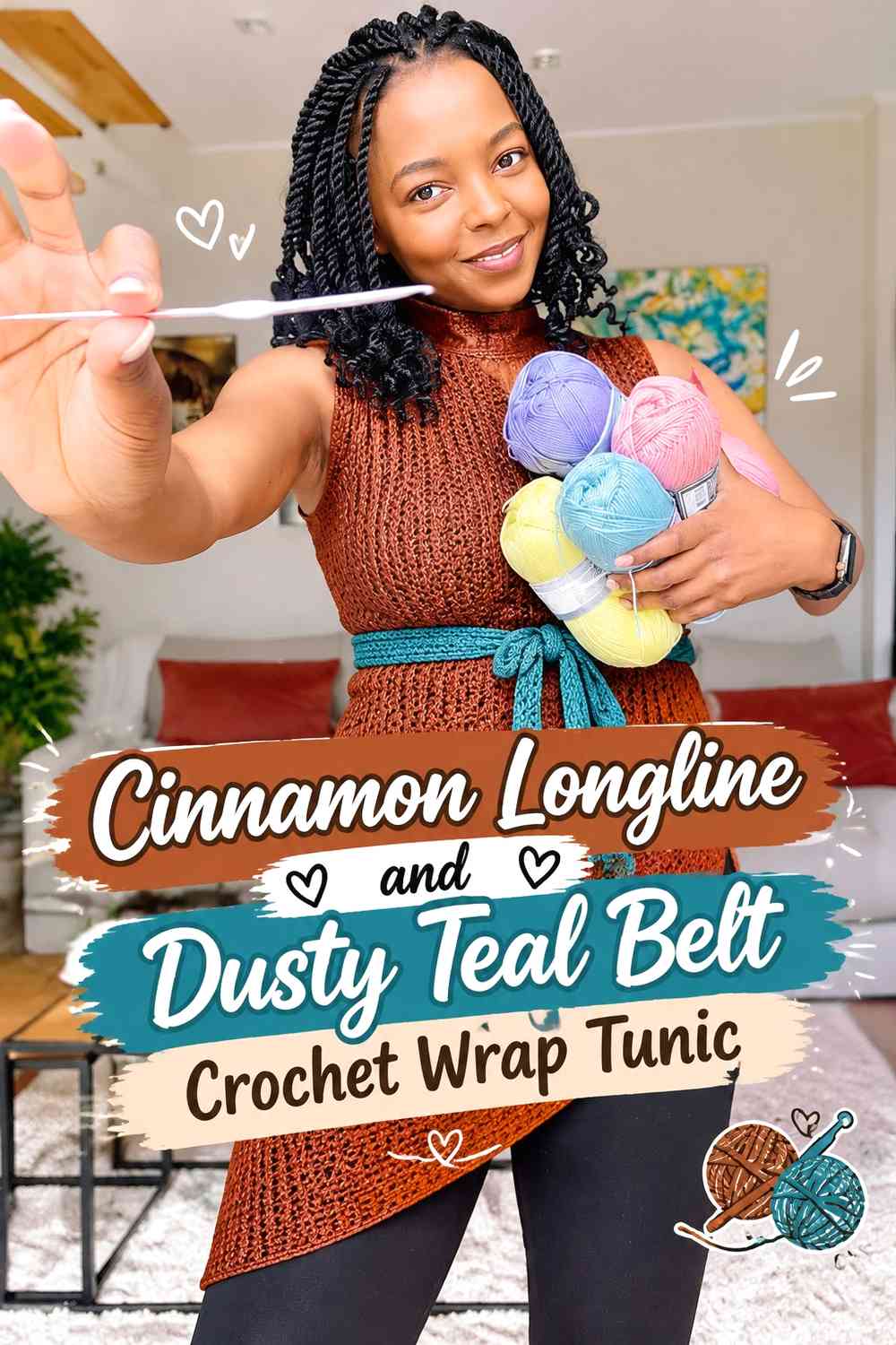 Cinnamon Longline and Dusty Teal Belt Crochet Wrap Tunic