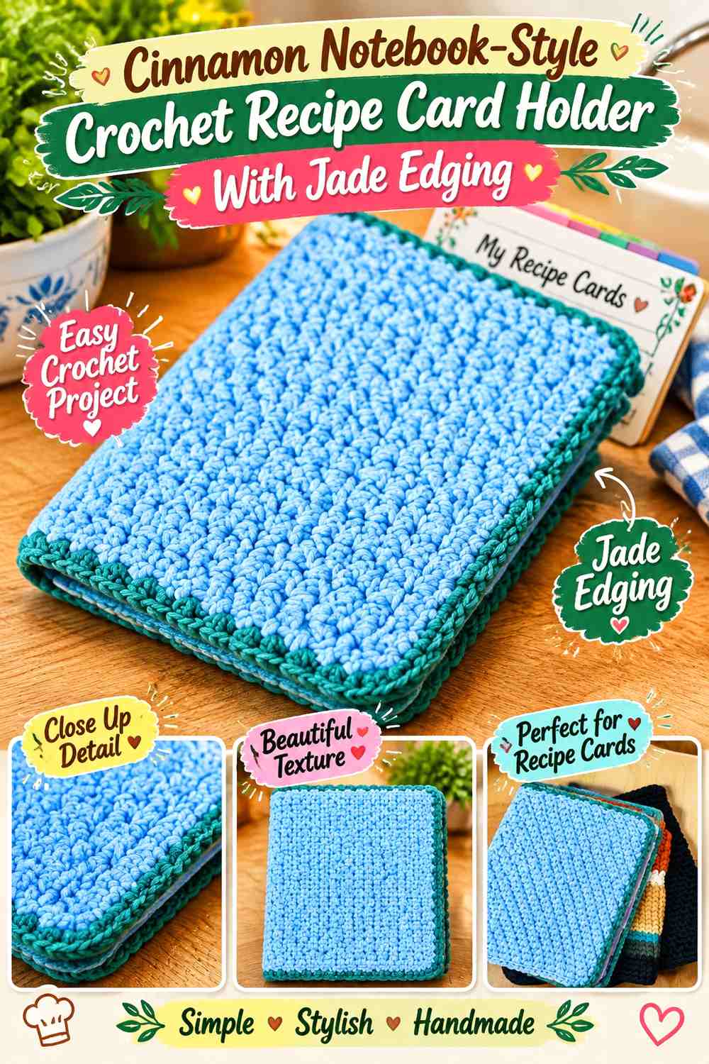 Cinnamon Notebook-Style Crochet Recipe Card Holder With Jade Edging
