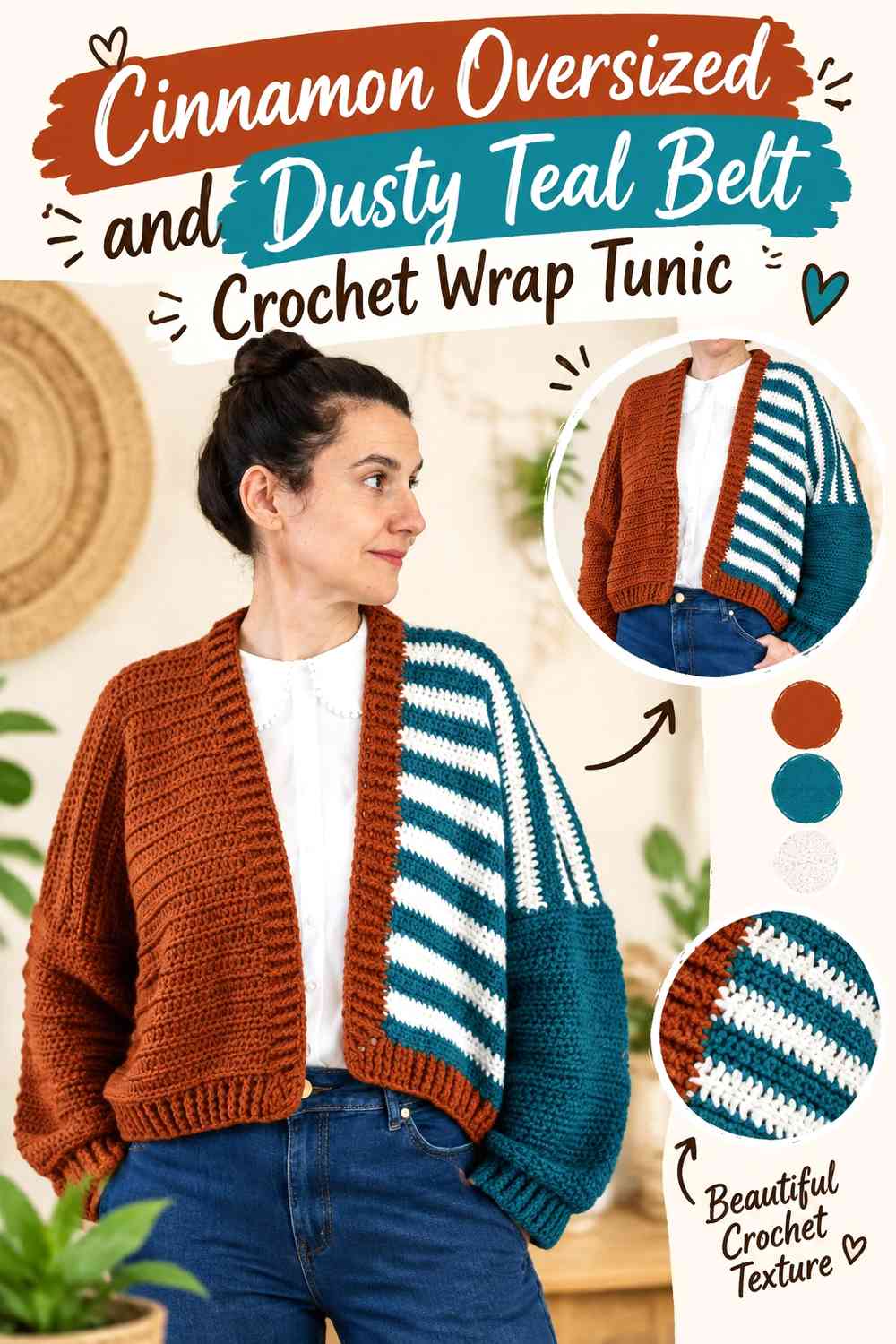 Cinnamon Oversized and Dusty Teal Belt Crochet Wrap Tunic