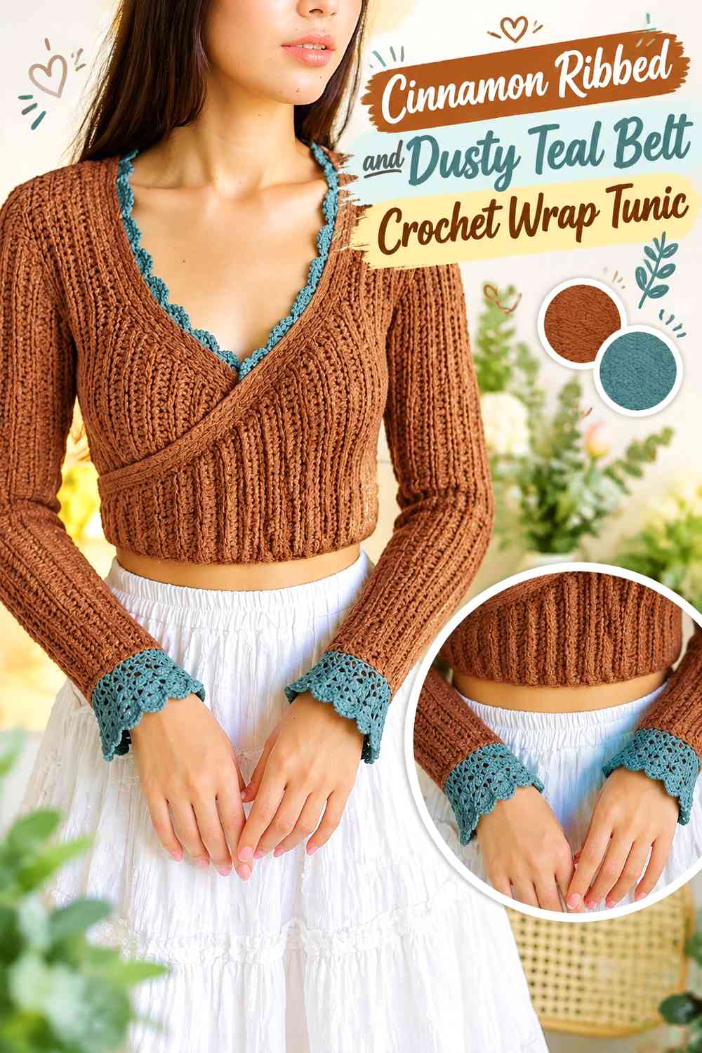Cinnamon Ribbed and Dusty Teal Belt Crochet Wrap Tunic