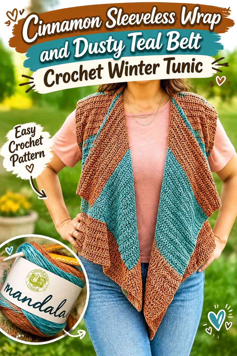 Cinnamon Sleeveless Wrap and Dusty Teal Belt Crochet Winter Tunic