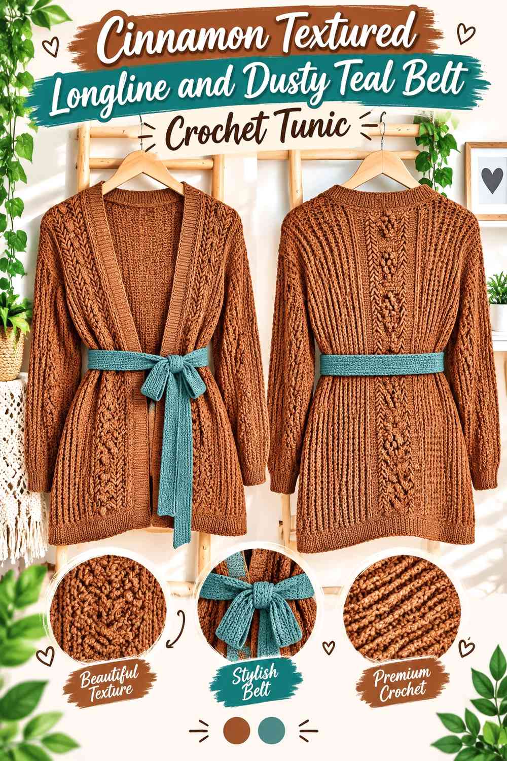 Cinnamon Textured Longline and Dusty Teal Belt Crochet Tunic