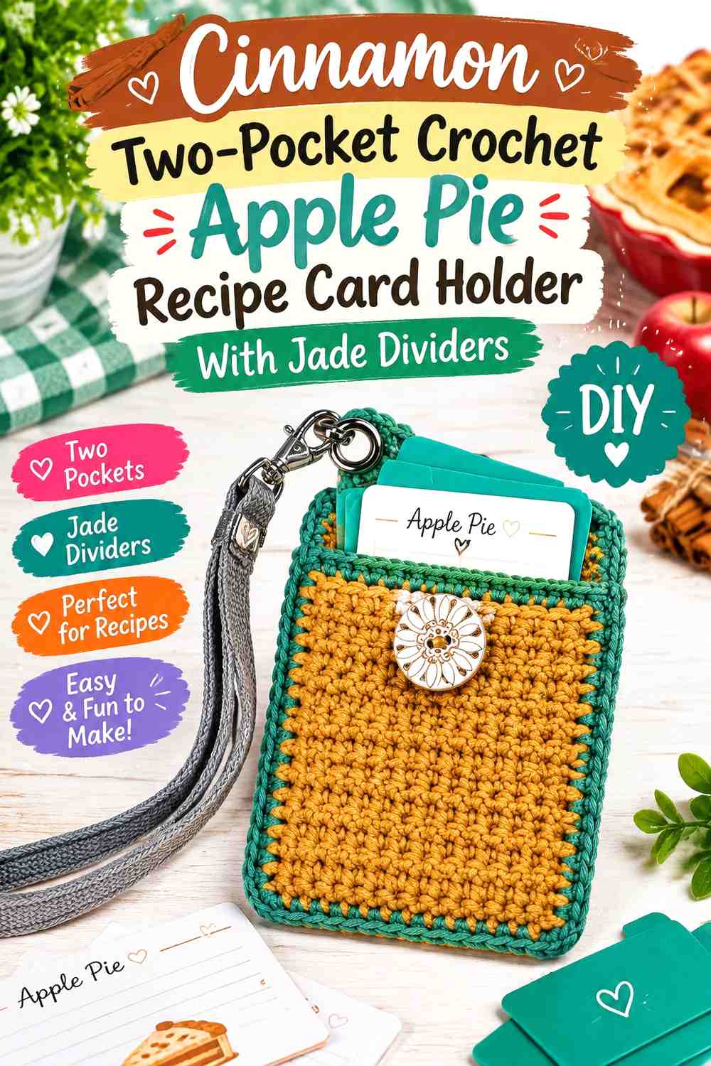 Cinnamon Two-Pocket Crochet Apple Pie Recipe Card Holder With Jade Dividers