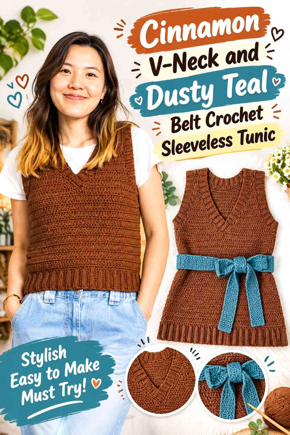 Cinnamon V-Neck and Dusty Teal Belt Crochet Sleeveless Tunic