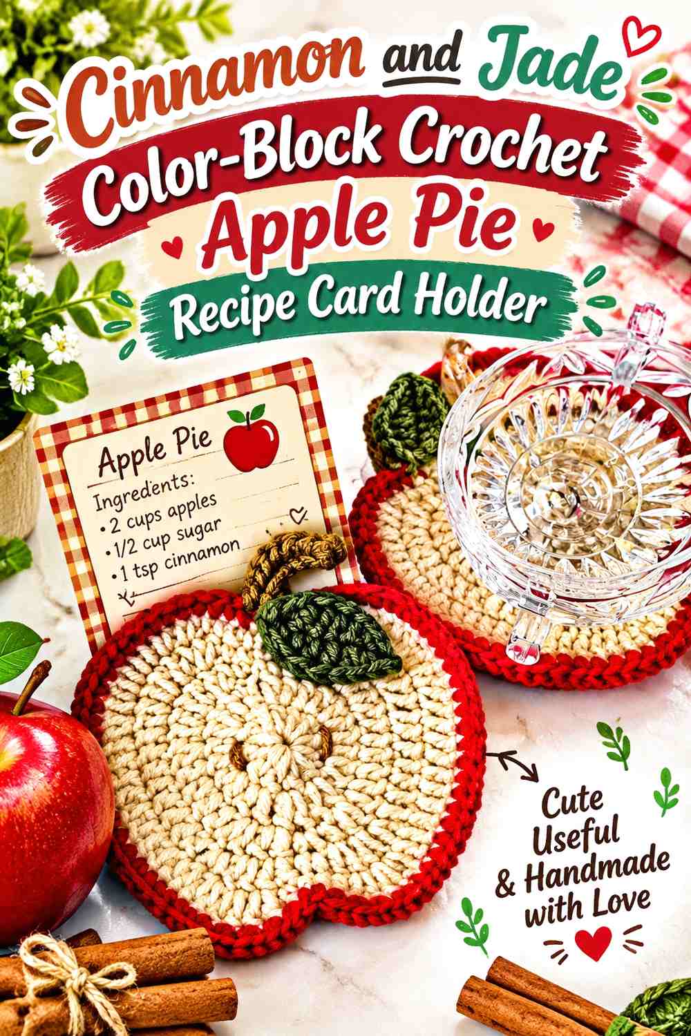 Cinnamon and Jade Color-Block Crochet Apple Pie Recipe Card Holder