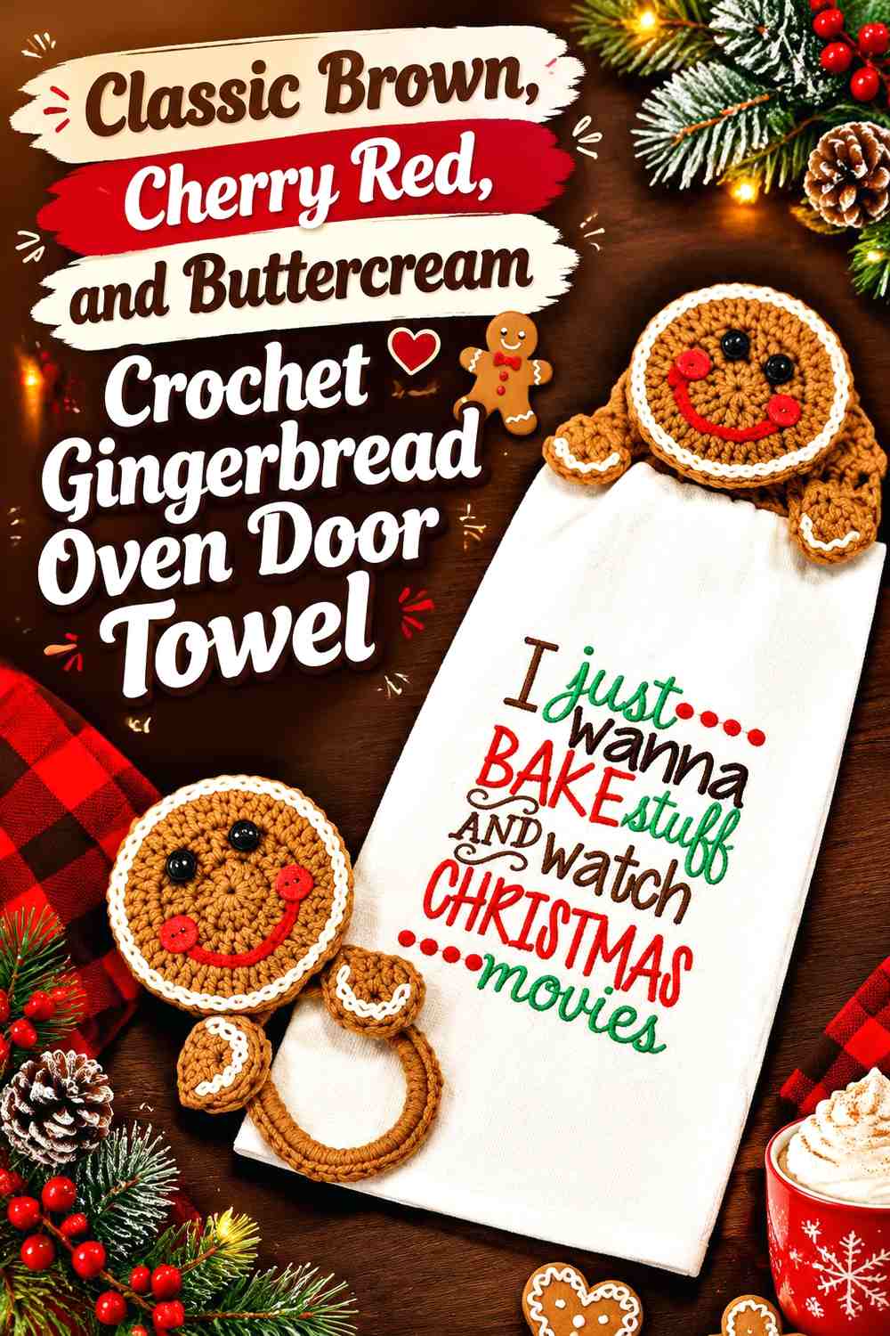 Classic Brown, Cherry Red, and Buttercream Crochet Gingerbread Oven Door Towel