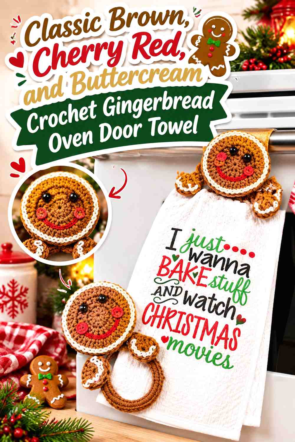 Classic Brown, Cherry Red, and Buttercream Crochet Gingerbread Oven Door Towel