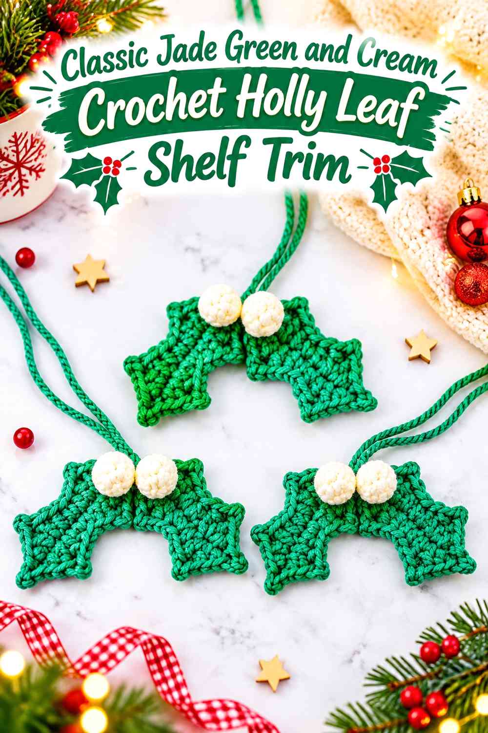 Classic Jade Green and Cream Crochet Holly Leaf Shelf Trim