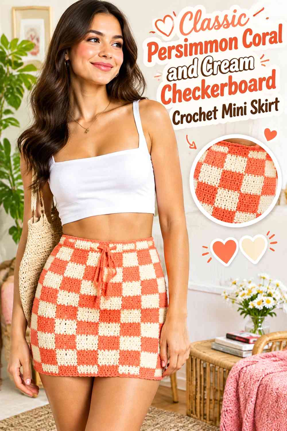 Classic Persimmon Coral and Cream Checkerboard Crochet Mini Skirt
