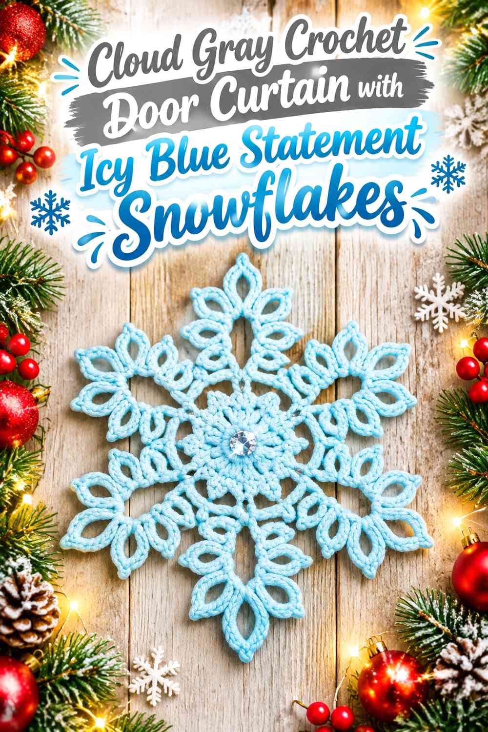 Cloud Gray Crochet Door Curtain with Icy Blue Statement Snowflakes