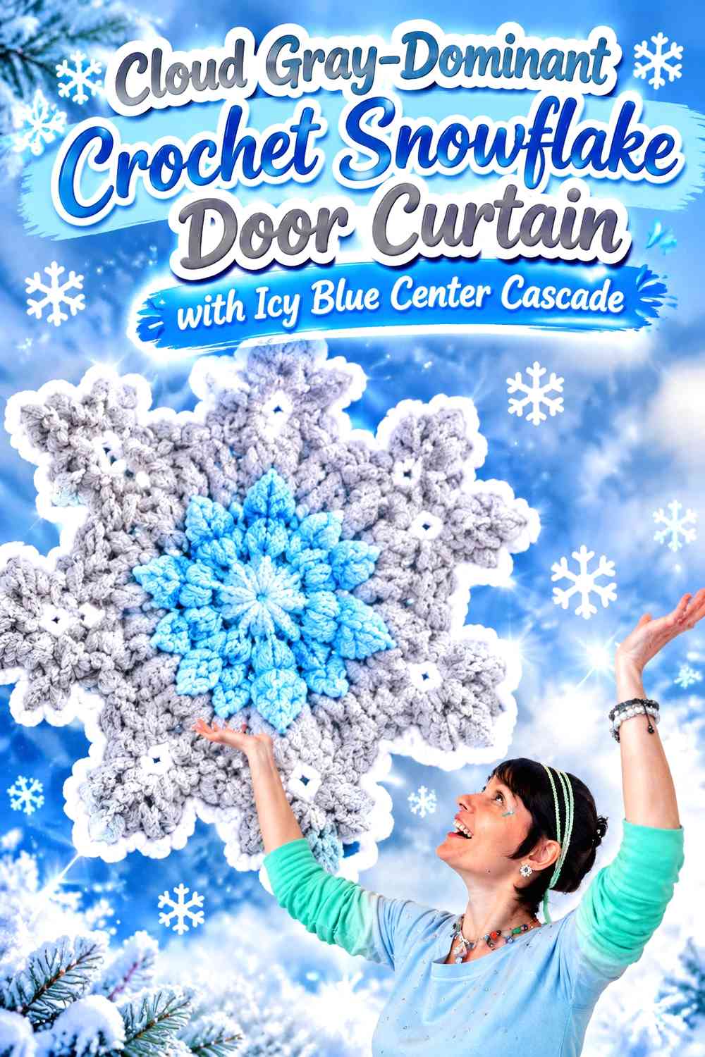 Cloud Gray-Dominant Crochet Snowflake Door Curtain with Icy Blue Center Cascade