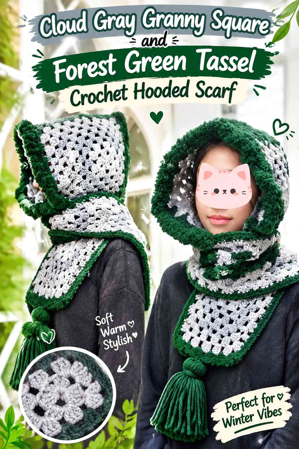 Cloud Gray Granny Square and Forest Green Tassel Crochet Hooded Scarf