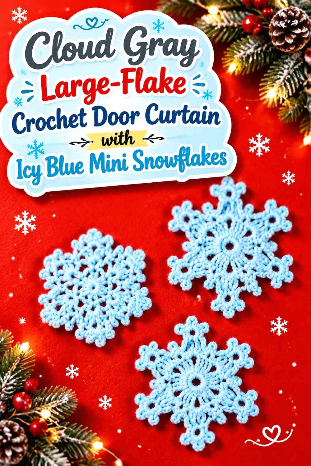 Cloud Gray Large-Flake Crochet Door Curtain with Icy Blue Mini Snowflakes
