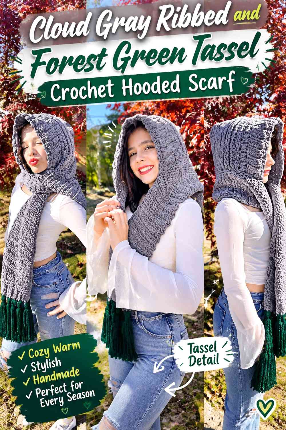 Cloud Gray Ribbed and Forest Green Tassel Crochet Hooded Scarf