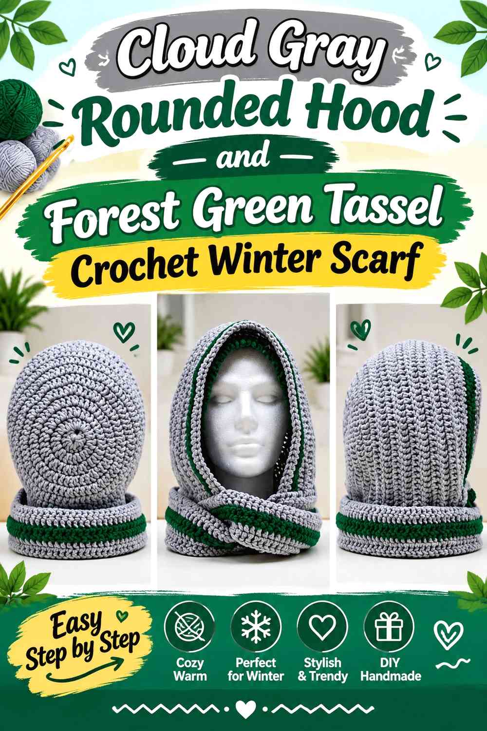 Cloud Gray Rounded Hood and Forest Green Tassel Crochet Winter Scarf