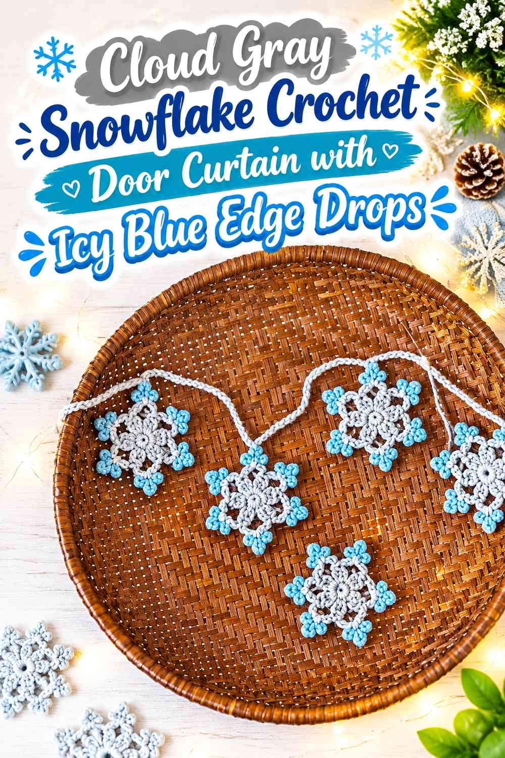 Cloud Gray Snowflake Crochet Door Curtain with Icy Blue Edge Drops