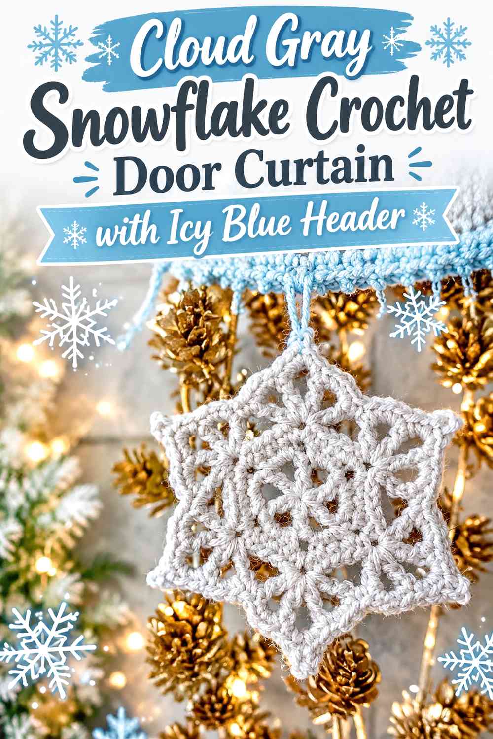 Cloud Gray Snowflake Crochet Door Curtain with Icy Blue Header