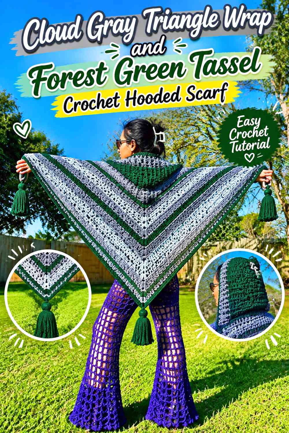 Cloud Gray Triangle Wrap and Forest Green Tassel Crochet Hooded Scarf