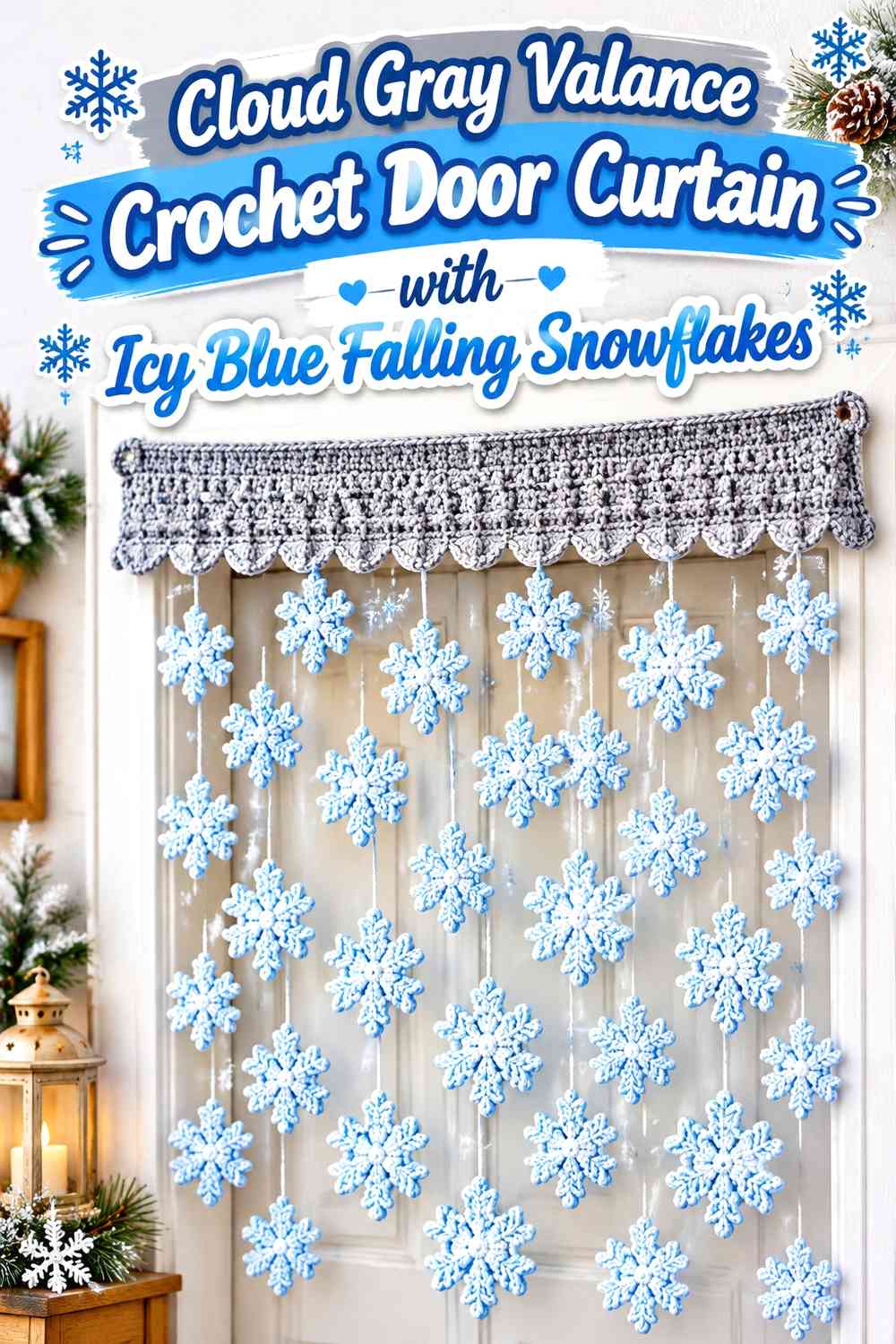 Cloud Gray Valance Crochet Door Curtain with Icy Blue Falling Snowflakes