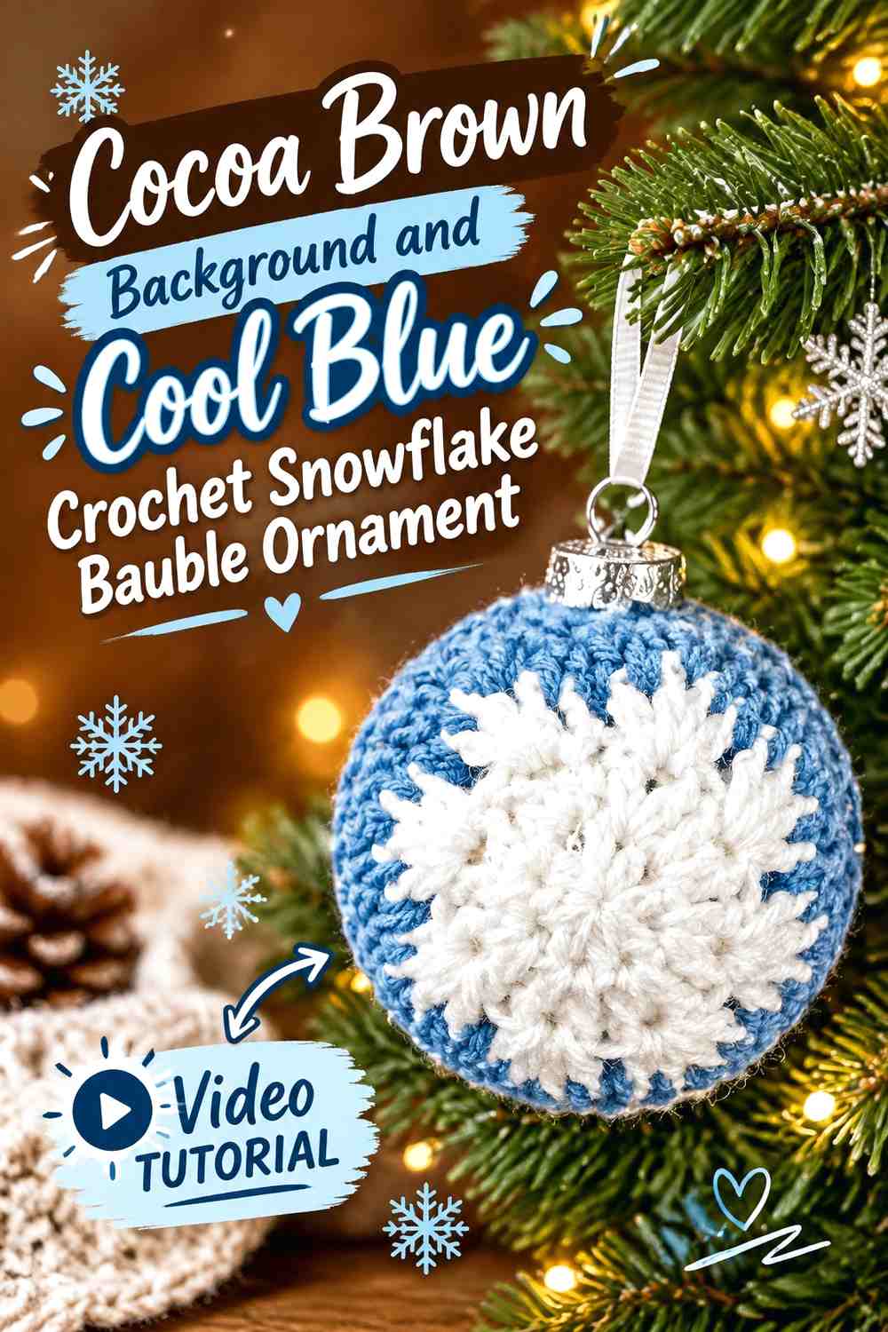 Cocoa Brown Background and Cool Blue Crochet Snowflake Bauble Ornament
