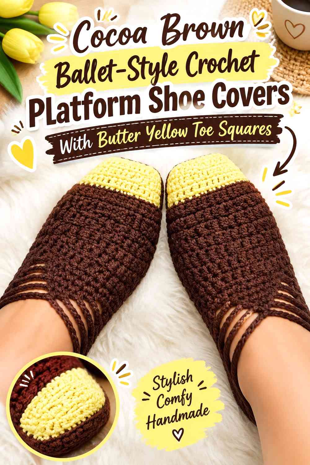 Cocoa Brown Ballet-Style Crochet Platform Shoe Covers With Butter Yellow Toe Squares